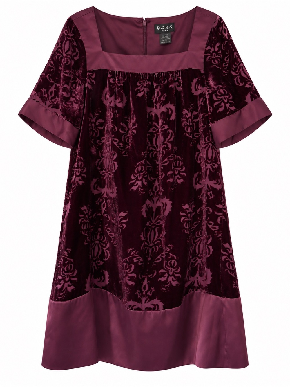 BCBG Paris Burgundy Burnout Velvet Damask Shift Dress Silk Blend Size 10